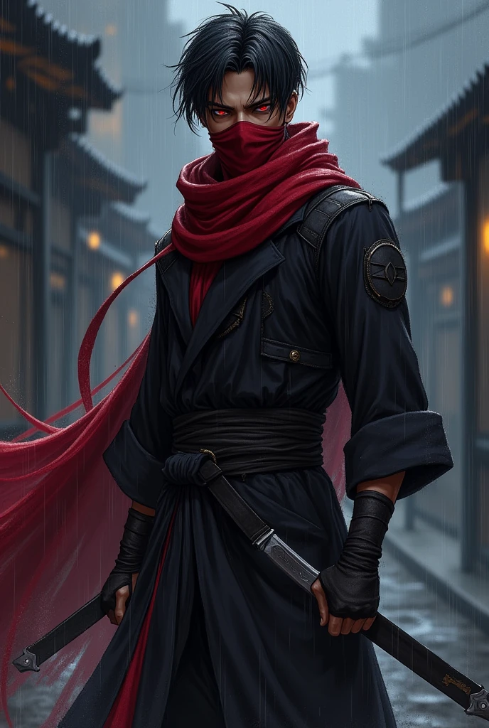 An anime character;
A man with brown skin, Bblack hair, Eyes red, short beard.
Use a ninja look with assassin, black color with a long red scarf hiding her mouth and nose.
a dagger in his hand rainy weather.
