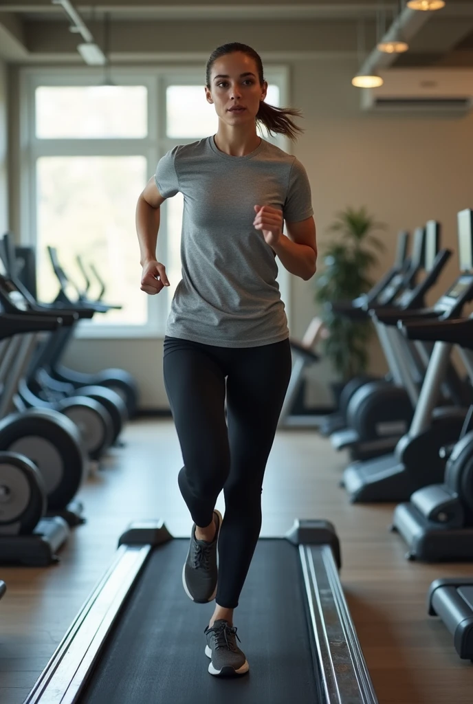 Women with good body posture and fit from workout wearing long tshirt running on threadmill full picture