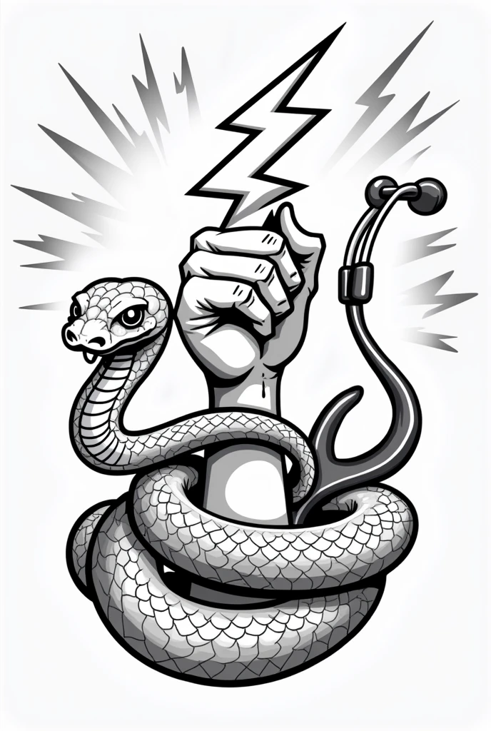Create a logo style image for advertising a medical physiotherapy office with a black and white cartoon style of a hand holding a lightning bolt and around the forearm wrapped a snake showing its snake face next to the hand and all of this is surrounded by a stethoscope
