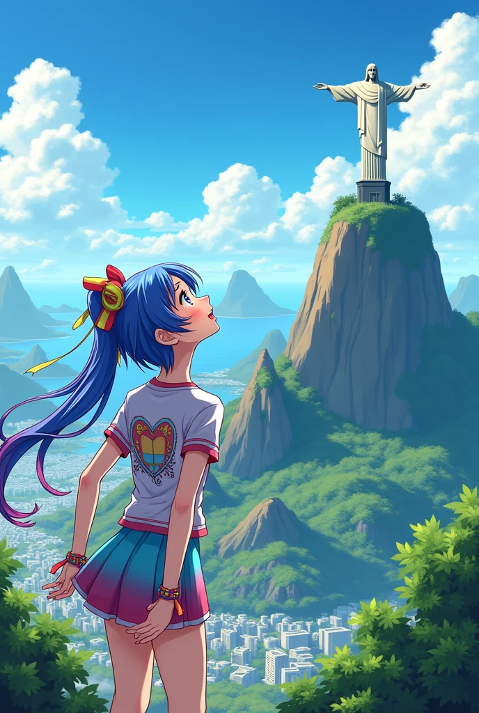 Hatsumi Miku wearing a fangirl outfit looking at Christ the Redeemer Rio de Janeiro.