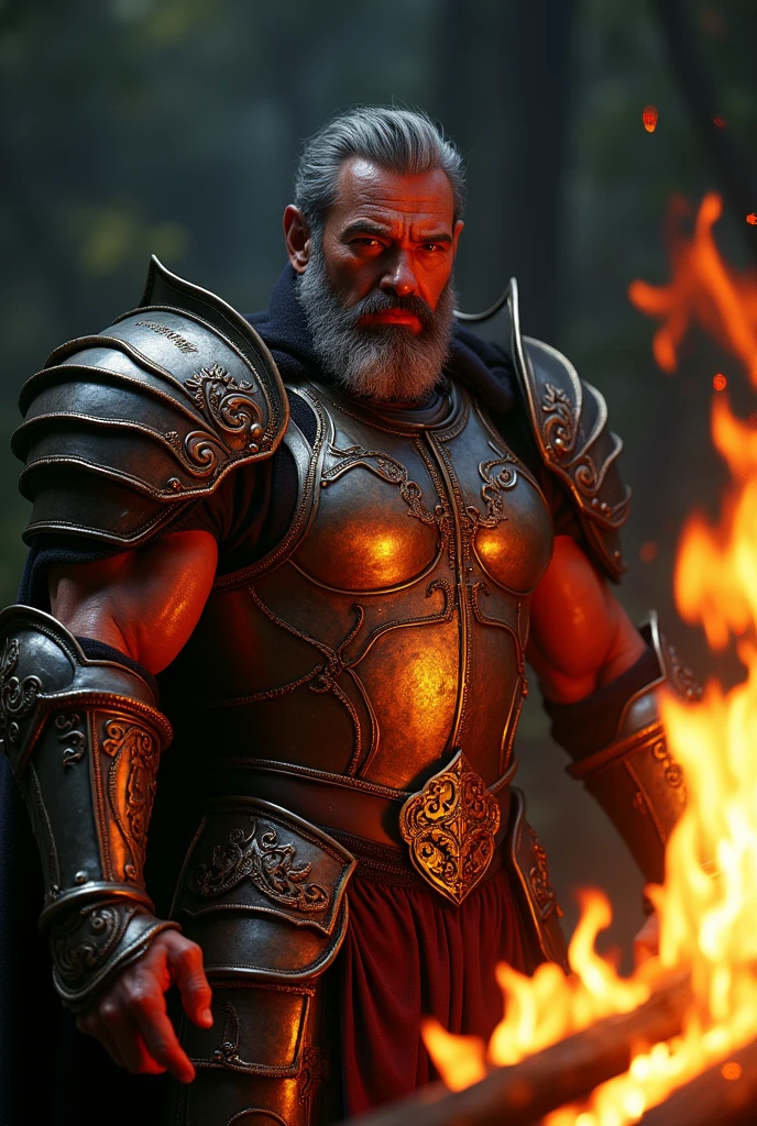 Gay porn hit sexy .asian Grandpa bodybuilder in armor knight. Nigt . Bonfire. Hot posing . Big muscle pecs. Want to get fucked. Sexy face. Old. Hairy. Oily skin. Sweat. Casanova. Happy. Erotic.