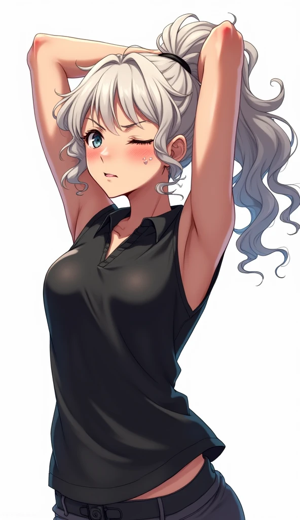 ((Masterpiece)), ((high quality)), ((anime illustration)), 1girl, ager, slim, white curly ponytail hair, messy hair, closed eyes, sleeveless black polo shirt, biting lip, raiding her arms up, arms raised, sweaty, sweating, sweaty bod, sweaty armpits, white bckground,