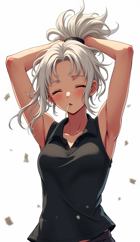 ((Masterpiece)), ((high quality)), ((anime illustration)), 1girl, ager, slim, white curly ponytail hair, messy hair, closed eyes, sleeveless black polo shirt, biting lip, raiding her arms up, arms raised, sweaty, sweating, sweaty bod, sweaty armpits, white bckground,