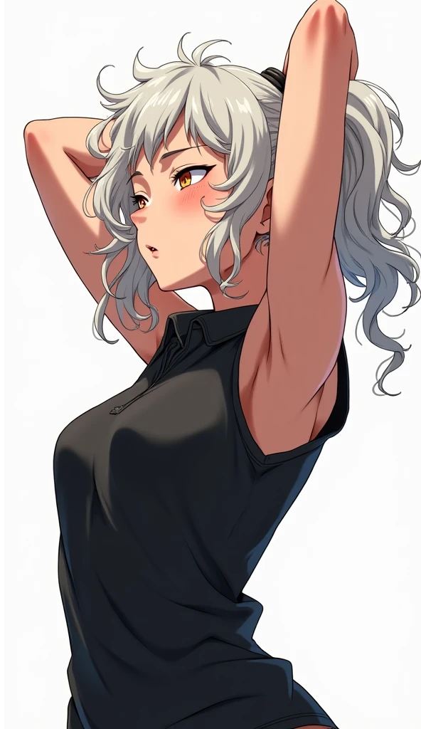 ((Masterpiece)), ((high quality)), ((anime illustration)), 1girl, ager, slim, white curly ponytail hair, messy hair, closed eyes, sleeveless black polo shirt, biting lip, raiding her arms up, arms raised, sweaty, sweating, sweaty bod, sweaty armpits, white bckground,