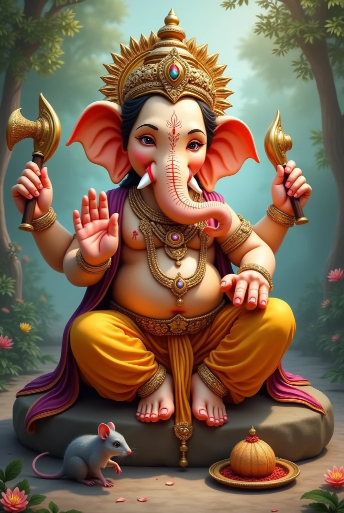 Lord Ganesh ,near small Rat, leg near laddu
