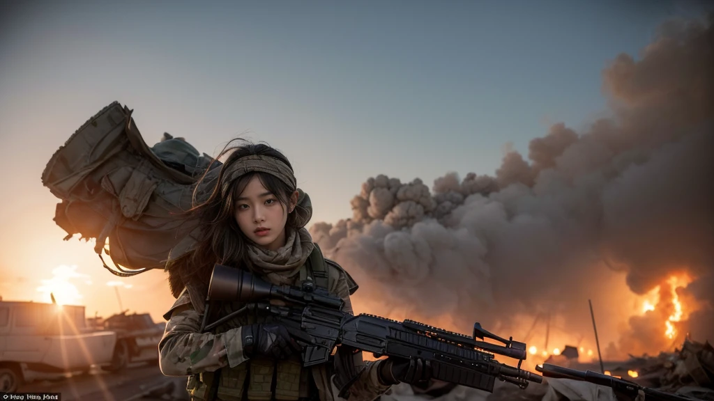 Instructions: *A striking scene of a 25-year-old female Korean soldier wearing a headscarf, with a determined expression on her face, taking cover behind a destroyed vehicle, trading fire with an unseen enemy. She is dressed in tactical military gear, complete with khaki fatigues, utility vest, and fingerless gloves. Her elegant headscarf adds a sense of movement to the image. The soldier holds a modern black assault rifle close to her chest, her grip firm and ready. Behind her, the remains of battle are visible, with thick plumes of smoke billowing into the sky and damaged military vehicles scattered around her. The background conveys a sense of urgency and tension, as if a fierce battle is taking place. The lighting is natural, with the sun casting a blinding light, highlighting the dust and debris in the air. The overall mood is intense, capturing the raw emotions of a soldier in the heat of battle.*