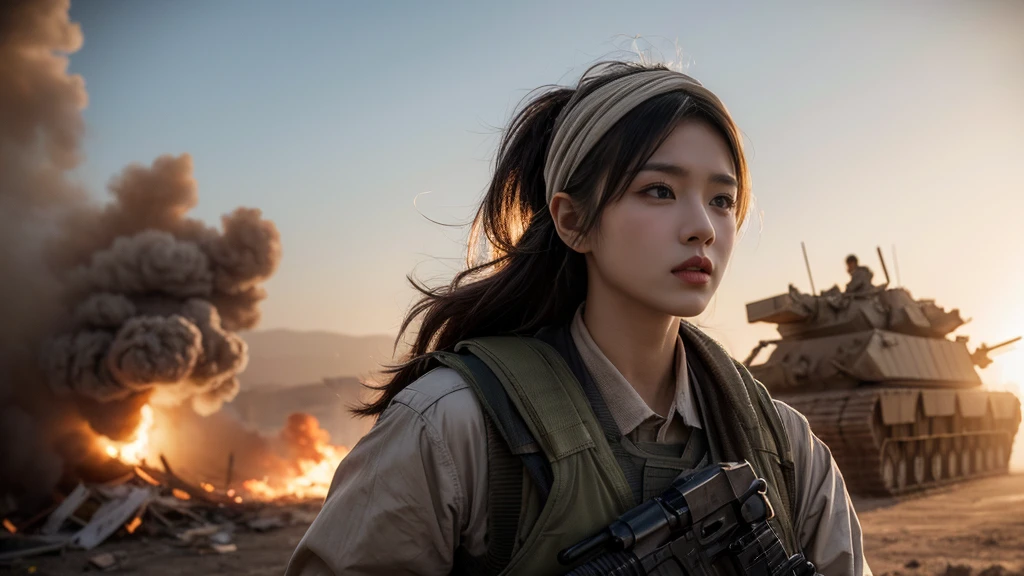 Instructions: *A striking scene of a 25-year-old female Korean soldier wearing a headscarf, with a determined expression on her face, taking cover behind a destroyed vehicle, trading fire with an unseen enemy. She is dressed in tactical military gear, complete with khaki fatigues, utility vest, and fingerless gloves. Her elegant headscarf adds a sense of movement to the image. The soldier holds a modern black assault rifle close to her chest, her grip firm and ready. Behind her, the remains of battle are visible, with thick plumes of smoke billowing into the sky and damaged military vehicles scattered around her. The background conveys a sense of urgency and tension, as if a fierce battle is taking place. The lighting is natural, with the sun casting a blinding light, highlighting the dust and debris in the air. The overall mood is intense, capturing the raw emotions of a soldier in the heat of battle.*