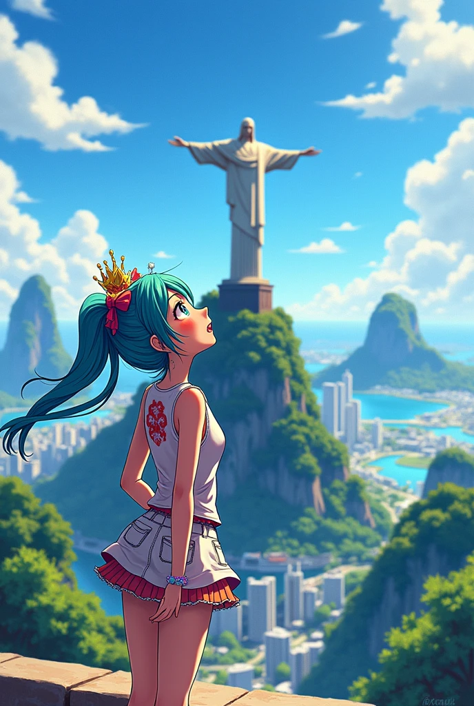 Hatsumi Miku wearing a fangirl outfit looking at Christ the Redeemer Rio de Janeiro.