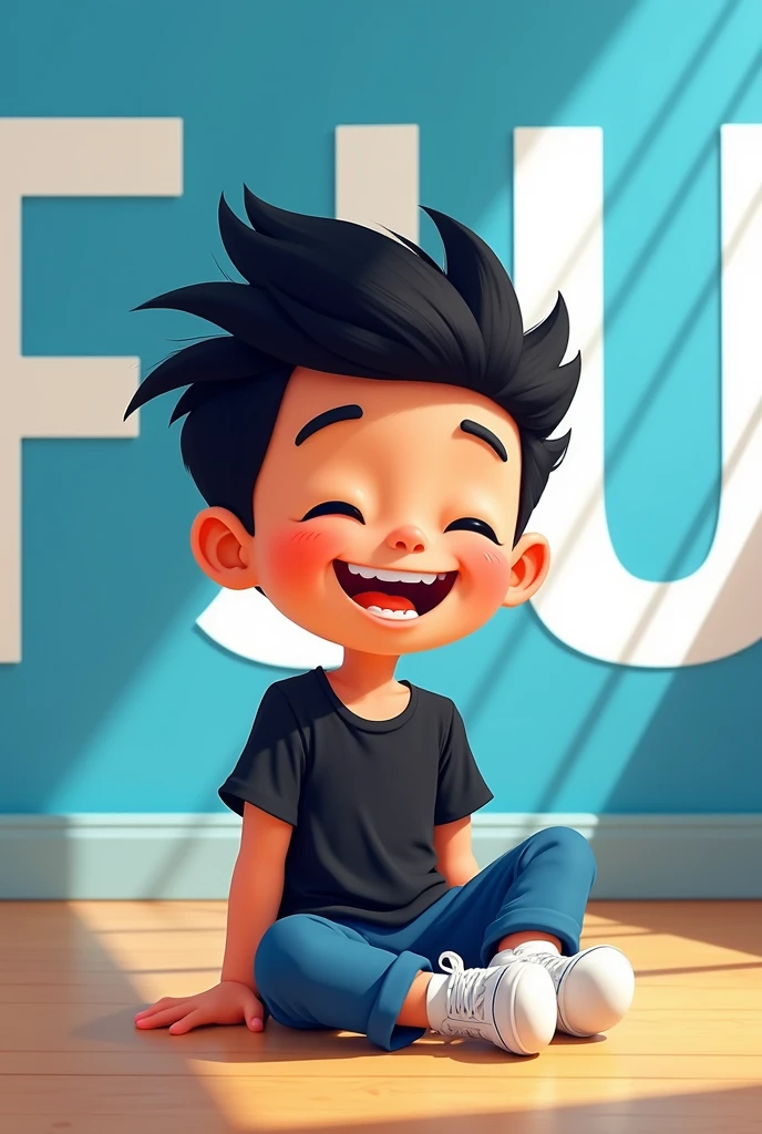 Pixar style Little Morinito boy, with black hair and cool hairstyle, very happy, with black shirt and blue pants, and white tennis shoes, sitting on the floor and behind him some large letters that say FJU in white on a blue background