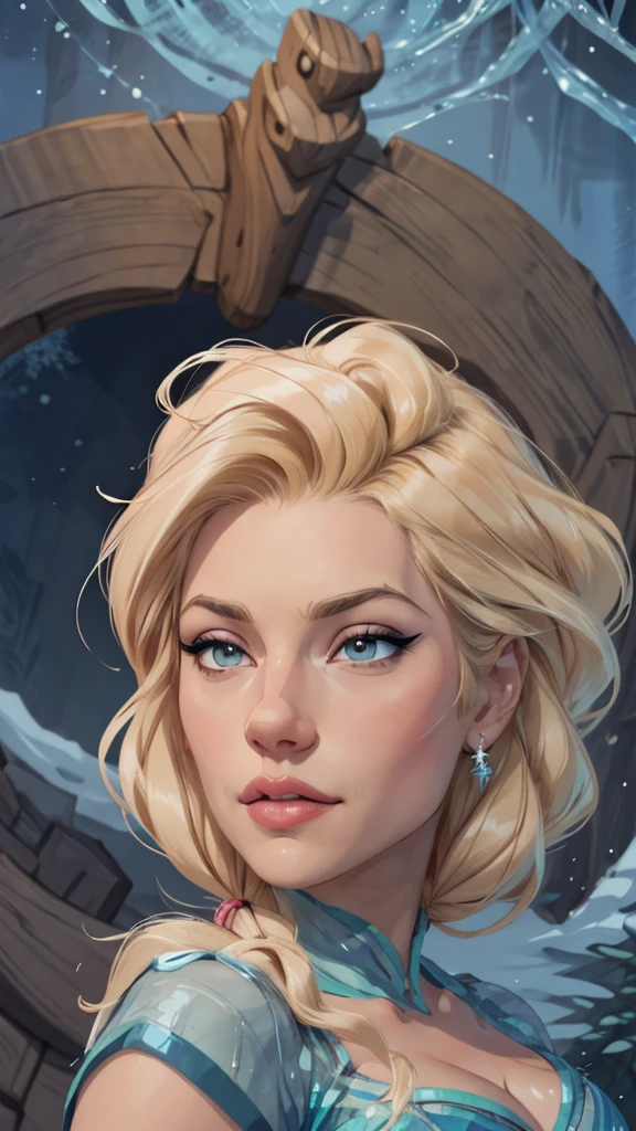 Lindo cartoon style modo retrato pose personagem em pose dinâmica duas mulheres juntas Rainha Anna de Arendelle ruiva com 1,60cm on the left and together with the platinum blonde Elsa of Arendelle with 1,75cm straight with symmetrical body with corset and beautiful breasts, well-defined body, delicate and sensual, cartoon style, digital illustration Portrait mode