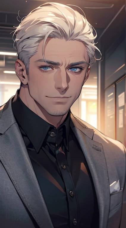 (best quality, masterpiece, 8K, photorealistic, cinematic lighting, hdr image, ultra detailed, beautiful image), 1 man, 3, mature man, very handsome, (without expression, smile), short white hair, blue eyes ( penetrating gaze), perfect face without errors, imposing posture, without errors, businessman, office background