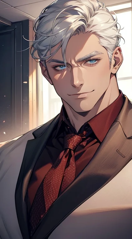 (best quality, masterpiece, 8K, photorealistic, cinematic lighting, hdr image, ultra detailed, beautiful image), 1 man, 3, mature man, very handsome, (without expression, smile), short white hair, blue eyes ( penetrating gaze), perfect face without errors, imposing posture, without errors, businessman, office background