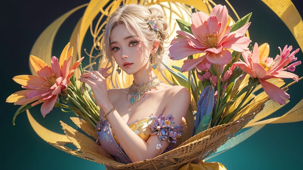 32K, 最高quality, 最高masterpiece, (ultra-Detailed Background, Detailed Background), High resolution, Super detailed, Very detailedな, 1 personの, (bouquet:1.3), (Tangled:1.2), (Geometric:1.2),(colorful),(masterpiece, quality, best quality, Official Art, Beautiful and beautiful:1.2), (1 person:1.3), Very detailed,(colorful:1.1)(Flowers:1.3),Most detailed,(Tangled:1.2), whole body, (Abstract background:1.3), (Skin glows), (Many colors:1.4), ,(Earrings Jewelry:1.5), Pale yellow background, It's imaginative., Milk tea colored hair, Updo,