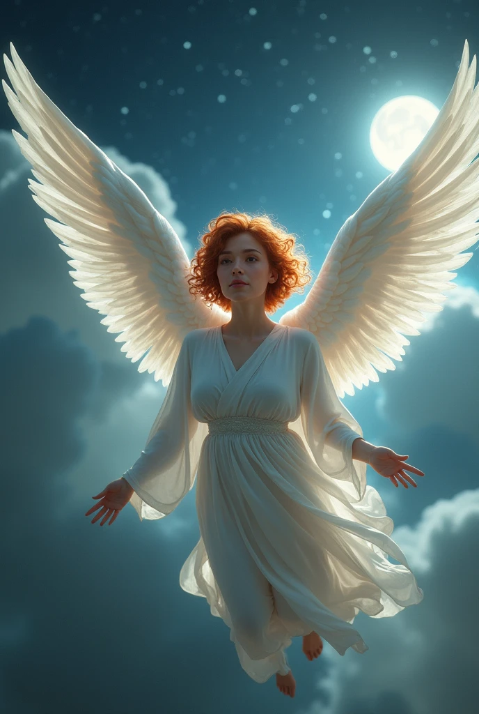 8k,White-winged angel flying in the moonlight,Super Beauty(Like the real thing),Angel in a white robe,Beautiful smile,Highly detailed illustration, Ultra-high resolution, masterpiece, highest quality, Perfect glowing skin, Perfect lighting, Detailed lighting, Dramatic Shadows, Ray Tracing, Looking at the audience, Small breasts, Beautifully detailed hazel eyes, Sharp Face, Clear Eyes, Red lips, Long bangs, Short Curly Hair, Redhead, ((Moonlit night sky)), Upper Body, Red combat uniform, Military Harness,masterpiece,Highest quality photorealistic RAW photos。Bright colors,Rich colors, Backlight, Cinema Lighting, Film Grain, to be born, 50mm lens, Nikon D850,Detailed character art,Fantasy art,Ultra-high resolution,Ultra-Realistic Skin,Perfect hand shape,Big white wings,bionde,Blue eyes,Long dress,Fantastic landscape,Countless angel wings flutter,