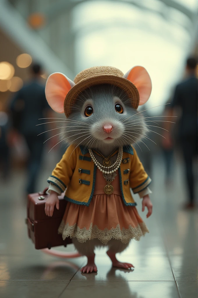 A rat travelling through an airport dressed as a woman 