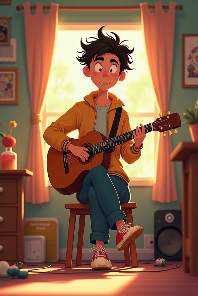 A teen guy who loves to make a song short cover in animated visual without a guitar
or any instrument with nostalgic vibes