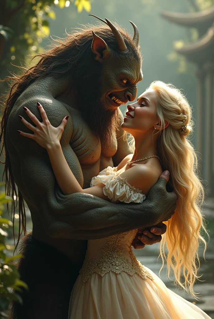 A monster fell in love with a blonde princess holding ass to each other and crying with tears of Joy