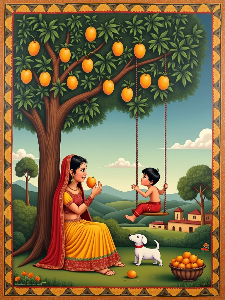 "Create a Phad painting in traditional Rajasthani style featuring a sitting under a mango tree. She is wearing traditional attire with vibrant colors like red, yellow, and green, adorned with intricate patterns. The girl is eating a mango, and around her, there are many mangoes placed in a basket. Nearby, her 10-year-old younger brother is swinging on a swing tied to the mango tree, enjoying the moment. A small dog is sitting near the girl's feet, looking up at her with affection. The painting should capture the natural setting with symbolic elements such as the tree and village surroundings. Use the signature Phad art style with detailed borders and a folk-art aesthetic, incorporating natural tones and a storytelling vibe."