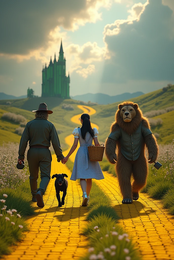((best quality)), ((masterpiece)), (detailed), yellow brick road, Dorothy Gale wearing silver llow heel shoes and carrying a basket over her arm, Toto (a black terrier), a Scarecrow, a man made of tin who carries an axe, a feral Lion, (front view), detailed and extreme, 8k, RAW photo, high resolution, high quality), detailed background, cinematic lighting, back lighting, photorealistic, hyperrealistic,