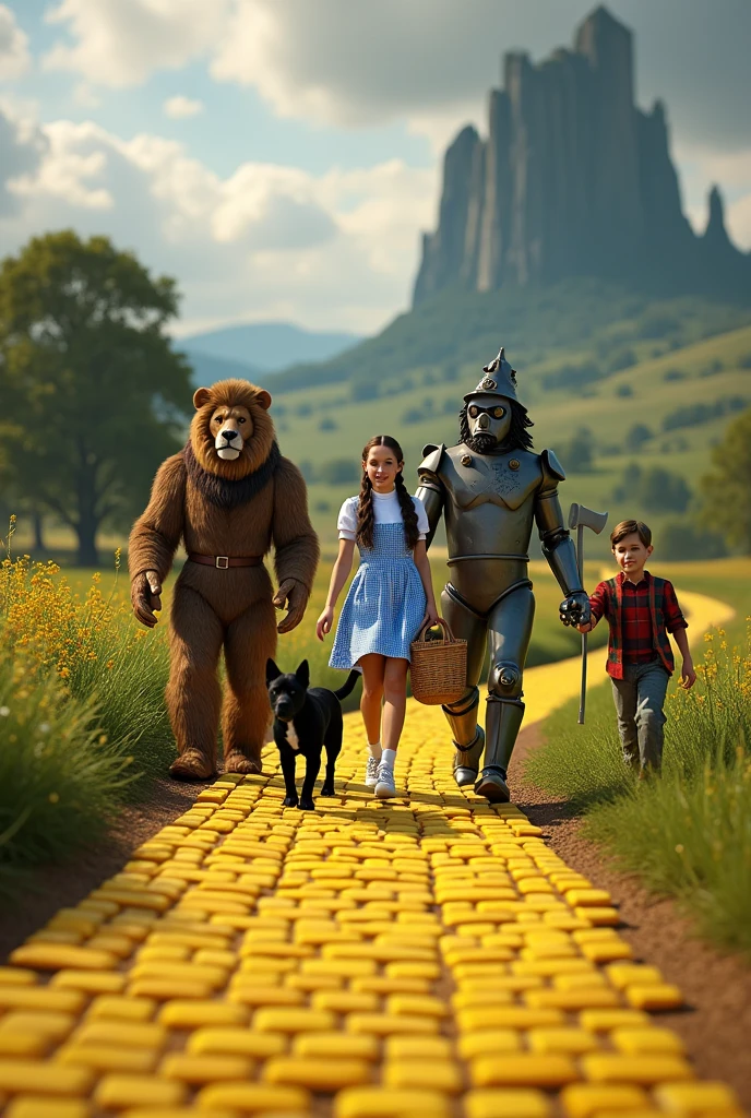 ((best quality)), ((masterpiece)), (detailed), yellow brick road, Dorothy Gale wearing silver llow heel shoes and carrying a basket over her arm, Toto (a black terrier), a Scarecrow, a man made of tin who carries an axe, a feral Lion, (front view), detailed and extreme, 8k, RAW photo, high resolution, high quality), detailed background, cinematic lighting, back lighting, photorealistic, hyperrealistic,