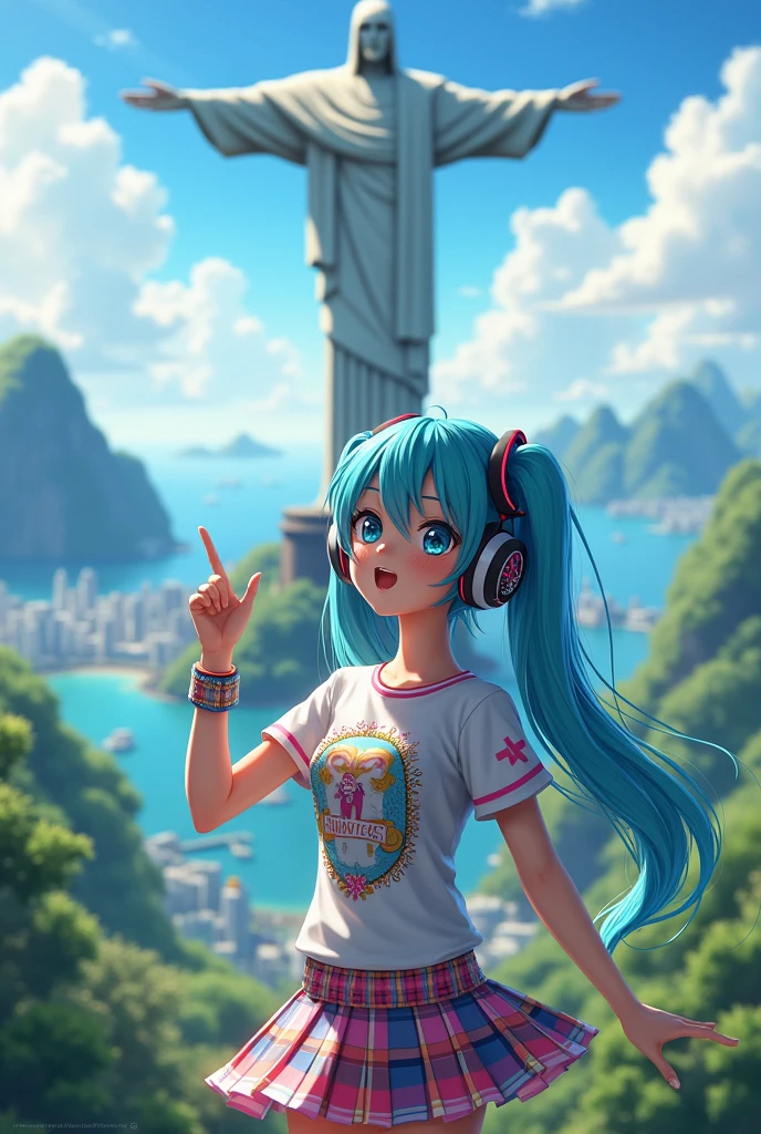 Hatsumi Miku wearing a fangirl outfit looking at Christ the Redeemer.