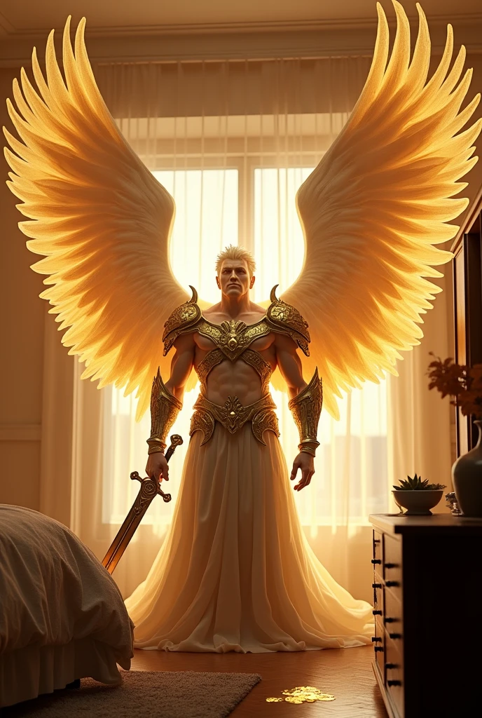 An angel of male gender, very big big, com asas very big bigs, on my knees inside a house in a bedroom, with a sword and with his face very bright to the point of emitting a very strong glow