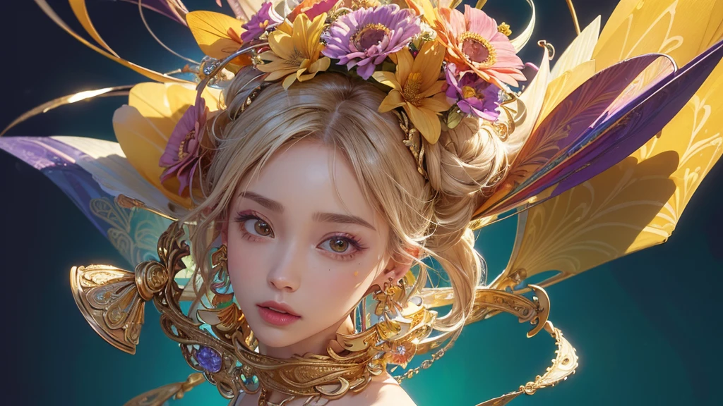 32K, 最高quality, 最高masterpiece, (ultra-Detailed Background, Detailed Background), High resolution, Super detailed, Very detailedな, 1 personの, (bouquet:1.3), (Tangled:1.2), (Geometric:1.2),(colorful),(masterpiece, quality, best quality, Official Art, Beautiful and beautiful:1.2), (1 person:1.3), Very detailed,(colorful:1.1)(Flowers:1.3),Most detailed,(Tangled:1.2), whole body, (Abstract background:1.3), (Skin glows), (Many colors:1.4), ,(Earrings Jewelry:1.5), Pale yellow background, It's imaginative., Milk tea colored hair, Updo,