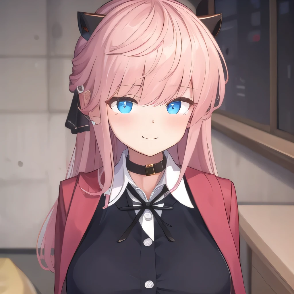 ((masterpiece)),(best quality),official art,extremely detailed CG,unity 8k wallpaper,ultra detailed,bedroom,1girl,solo,face shot,(portrait:1.2),looking at viewer,Vivi(v atmi),neck ribbon,blue eyes,shirt under dress,hair ribbon,horns,long hair,white_button,smile,collared shirt,black thighhighs,choker,black gloves,pink hair,black ribbon,black belt,white shirt,large breasts,bangs,zettai ryouiki,black dress,black footwear,boots,long sleeves,sidelocks,