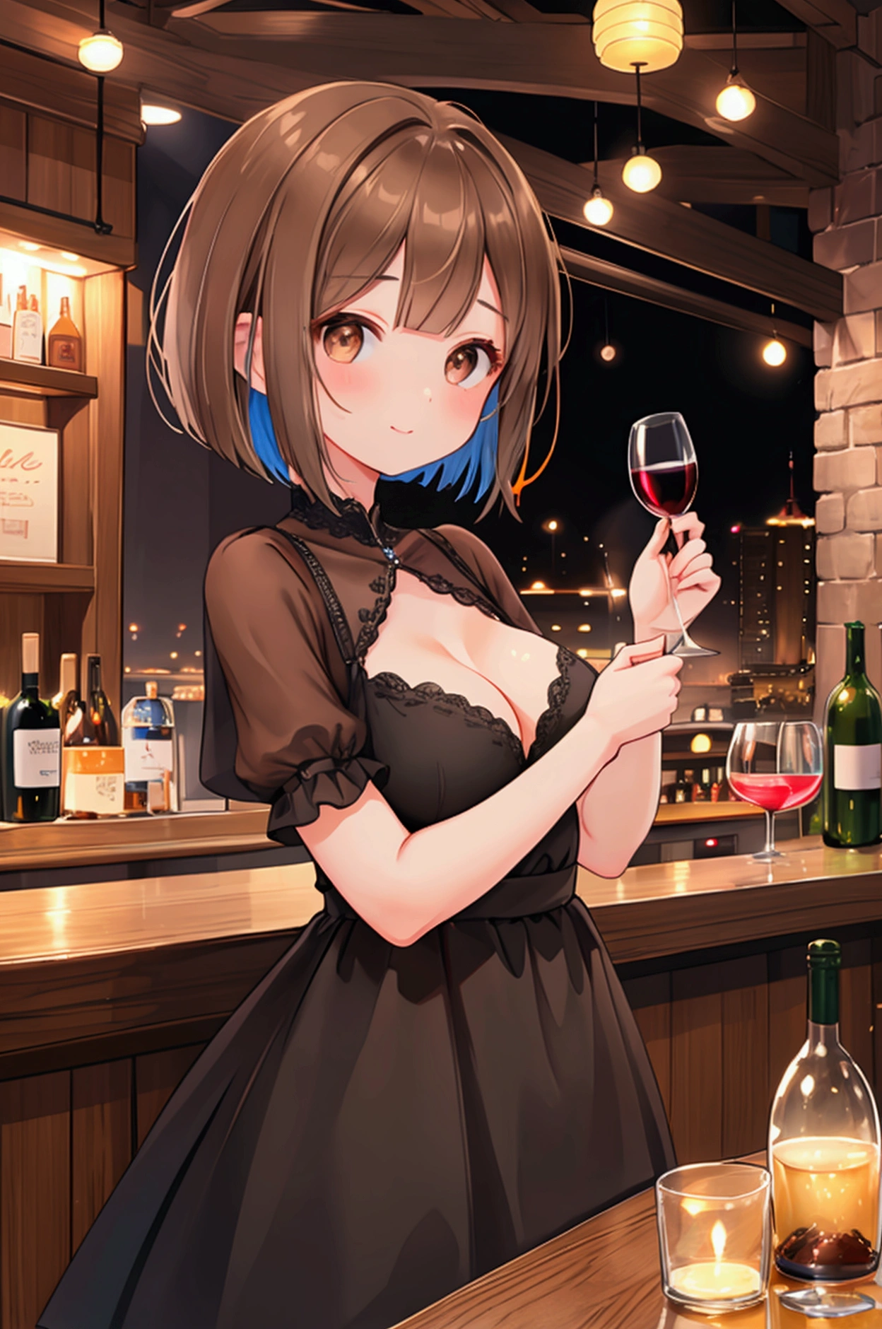 Photorealistic、Highest quality、Highest Resolution、Highest quality、16Ｋ、1 beautiful adult woman、Cute face、Delicate face、Bob cut hair、Ash brown hair color、Brown eyes、Delicate eyes、Beautiful Eyes、Beautiful 、Big Brecasual dress、night、dinner、bar、wine、cheers、
