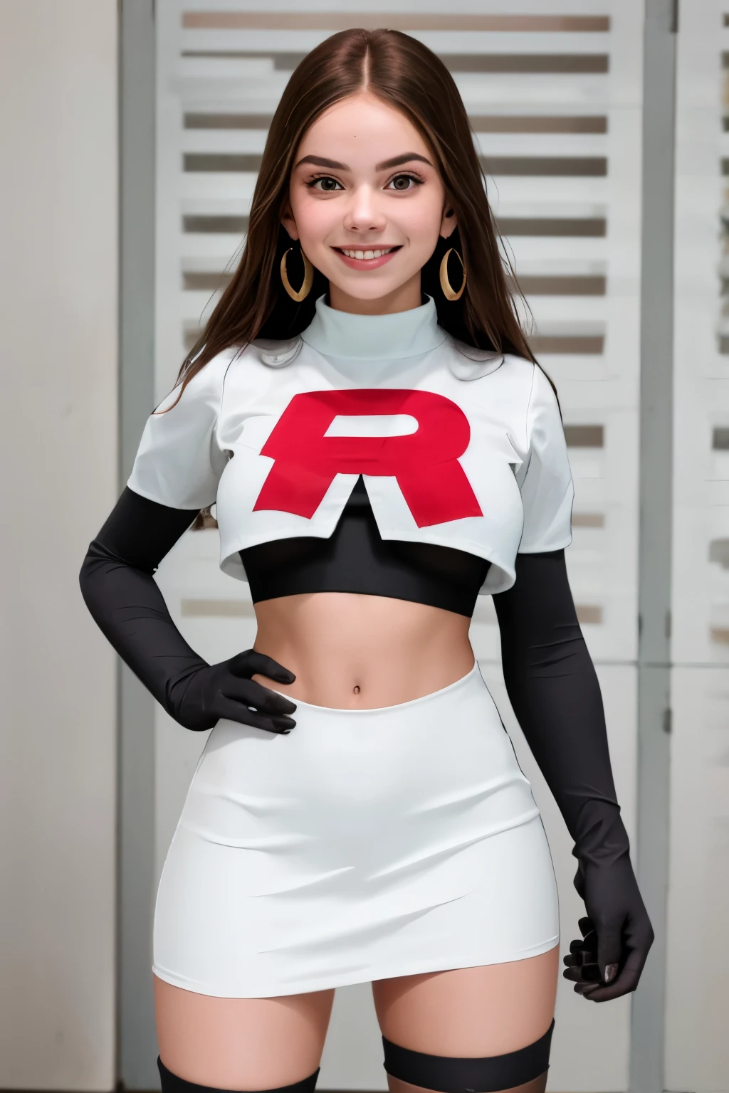 The face of Olivia Rodrigo, 1girl, solo, team rocket,team rocket uniform,white skirt,red letter R,crop top,black thigh-highs,black elbow gloves, earrings, large breasts, 