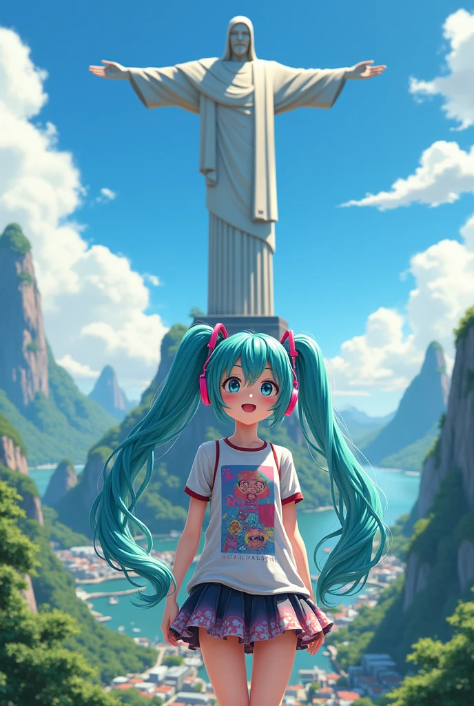 Hatsumi Miku wearing a fangirl outfit looking at Christ the Redeemer.