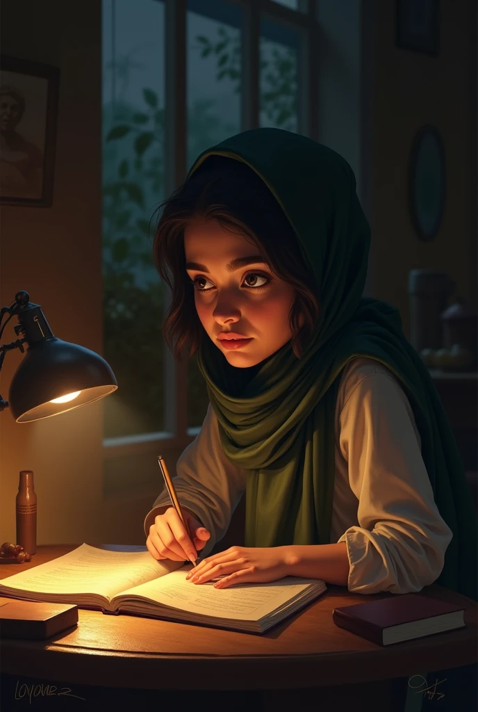 A girls his name is 'samawiyah zafar'. Study at night with lamp, and write her name in text "samawiyah zafar" write in text form his name in front.