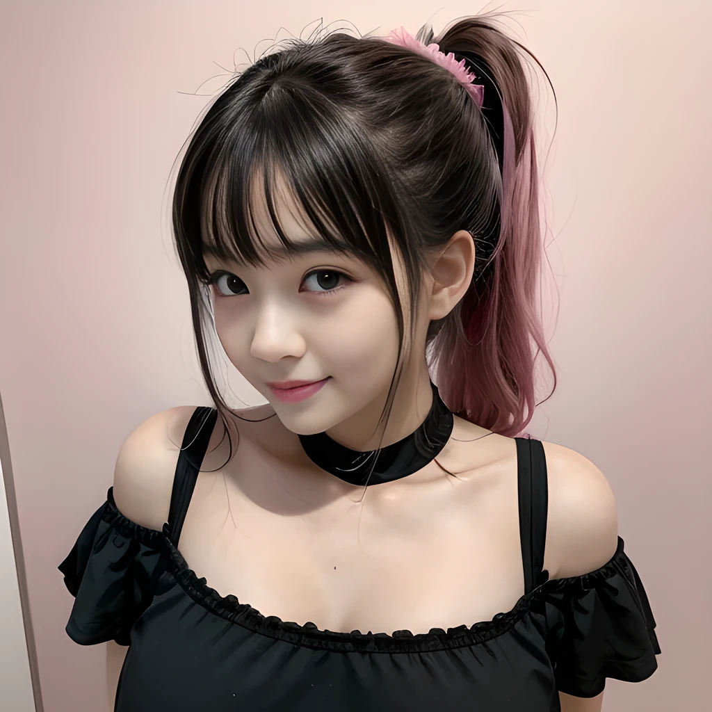 Asian wearing a pink princess dress in a pink room smiling ponytail ribbon in hair blush bangs big breasts profile picture perfect mouth black eyes black hair 8k UHD masterpiece glowing skin pink background breasts looking at the viewer absurdrez, ultra detali, high qualiy, work of art, face detailed, gorgeous eyes(detailedeyes), a face of perfect proportions