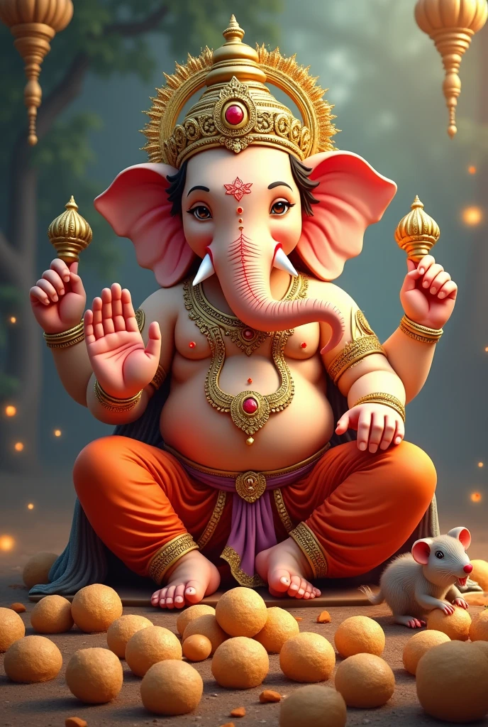 Lord Ganesh ,near small Rat, leg near many laddu 's 