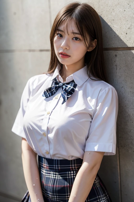 masterpiece, best quality, illustration, Super detailed, fine details, High resolution, 8k,wall paper, perfect dynamic composition,(Details High quality, realistic depiction of eyes:1.3), (school)、(white school shirt :1.2), (plaid skirt :1.3), large breasts, expresses the roundness and softness of your chest, Don't expose it、Disturbed uniform, black hair color, Big Natural Color Lip, perfect body shape, crying a little、Harajuku style、20 year old girl、cute type, beautiful legs, gravure idol, (A big bust that seems to burst:1.20),(Beautiful Big 1:1),,(((Sweating))),Show me your chest,Flushed Cheeks,
Please take it off