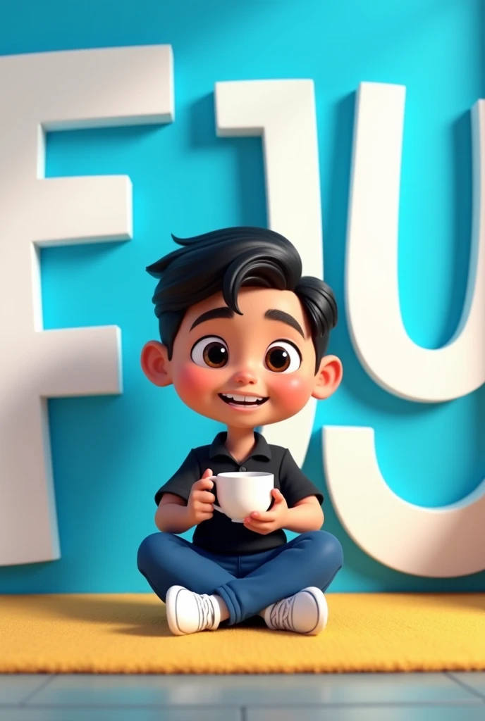 Pixar style Young morinito tea, with black hair and side comb, glad, with black shirt and blue pants, and white tennis shoes, sitting on the floor and behind him some large letters that say FJU in white on a blue background