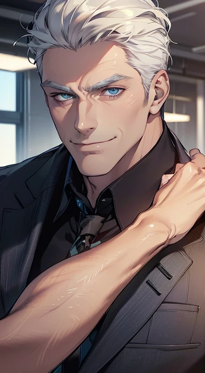 (best quality, masterpiece, 8K, photorealistic, cinematic lighting, hdr image, ultra detailed, beautiful image), 1 man, 3, mature man, very handsome, (without expression, smile), short white hair, blue eyes ( penetrating gaze), perfect face without errors, imposing posture, without errors, businessman, office background