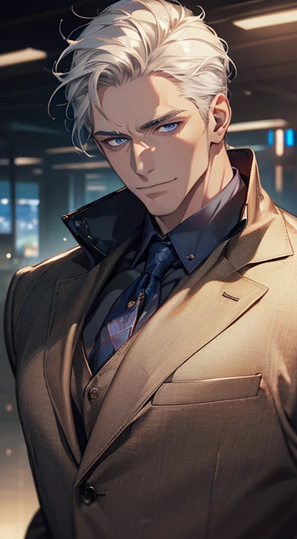(best quality, masterpiece, 8K, photorealistic, cinematic lighting, hdr image, ultra detailed, beautiful image), 1 man, 3, mature man, very handsome, (without expression, smile), short white hair, blue eyes ( penetrating gaze), perfect face without errors, imposing posture, without errors, businessman, office background