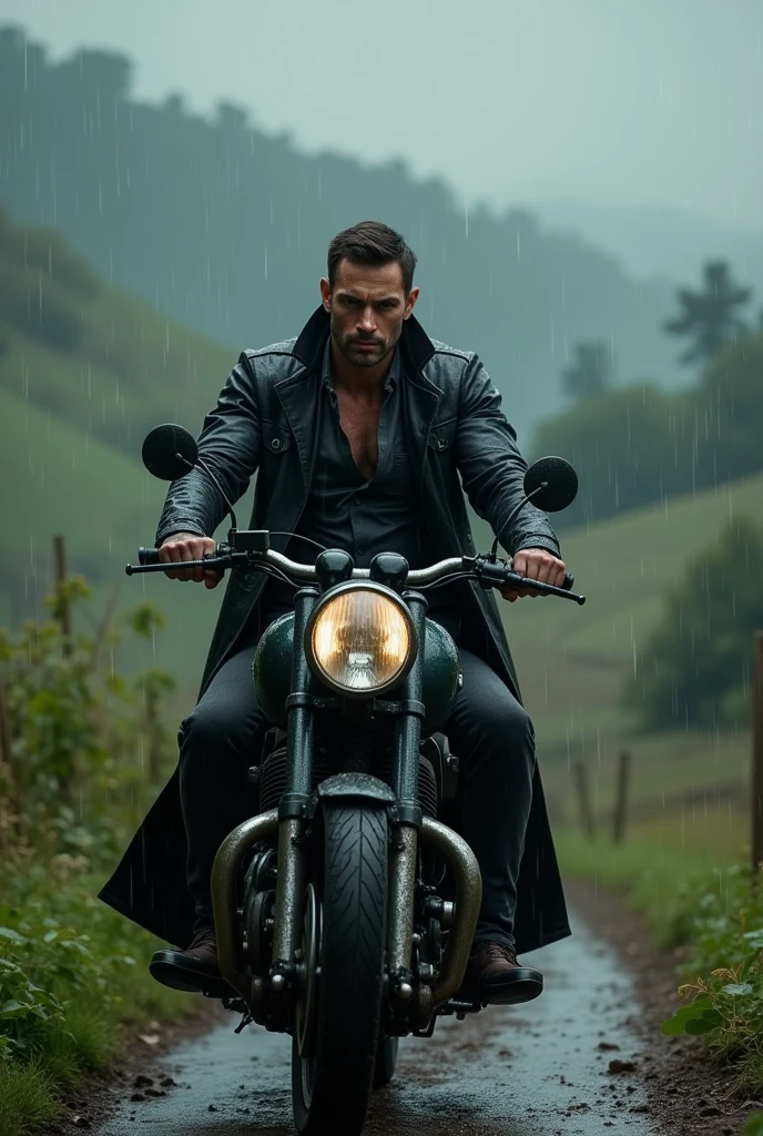 (photorealism:1.2), Masculine man, driving a motorcycle, wearing a rainy coat , Farm in background, rainy season , enjoying pose, realistic, intricate details, black colors, by Greg Rutkowski, by Alphonse Mucha