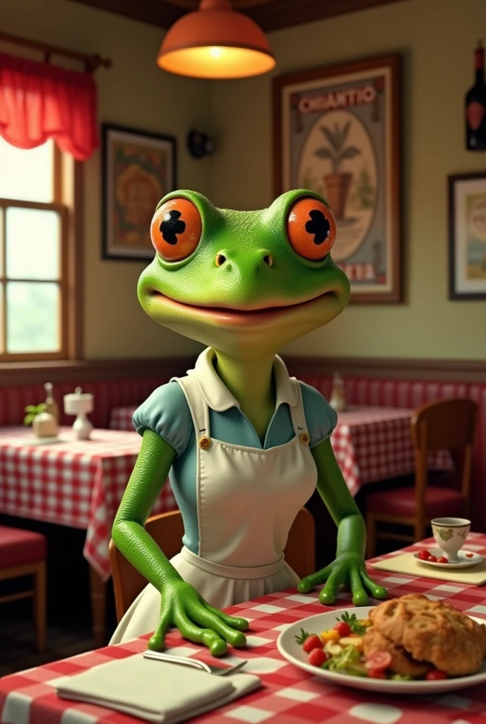 Retro Images，Storytelling，Tree frog，Ultra-realistic，high resolution，The frog is a waitress working at an Italian restaurant in town.