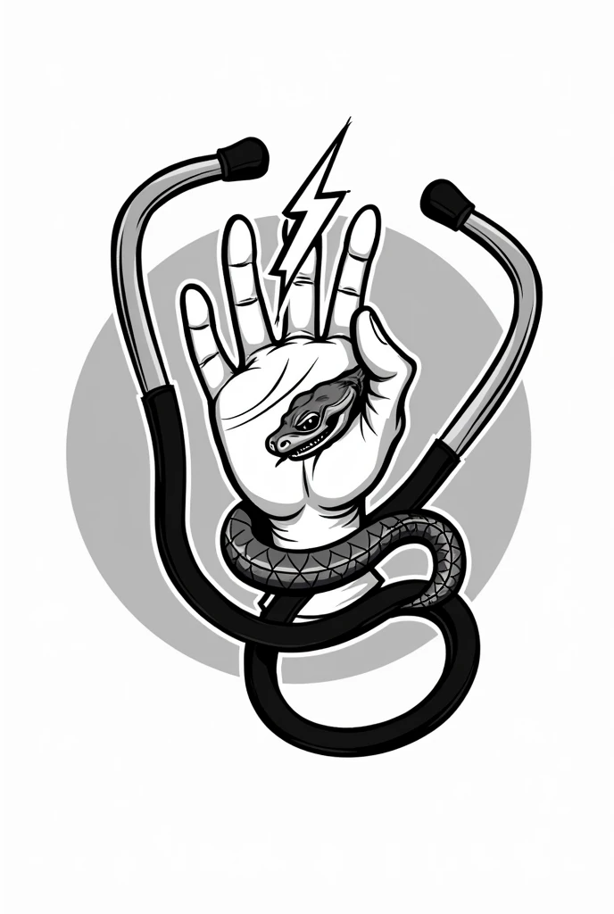 Create a logo style image for advertising a physiotherapy medicine office with a black and white cartoon style drawing of a hand holding a lightning bolt and around the forearm wrapped a snake that shows its snake face next to the hand and that all this is surrounded by a stethoscope in a circular shape around the drawing

