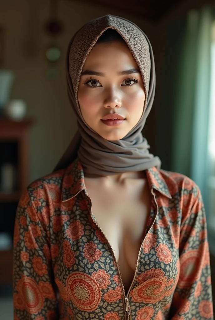 Malaysia，Muslim women，scarf，skirt，Ultra-high-definition images，Chest，Upper body down，reality，whole body，Unbutton，Cleavage，Reality，Standing，Home，Good shape，Short-sleeved clothes，Sexy，Chest
