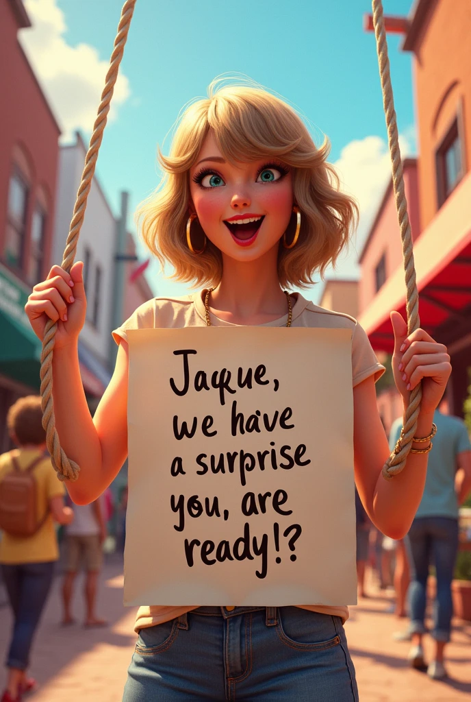 Generate me an image where Taylor Swift has a poster and it says "Jaque we have a surprise for you. Are you ready??