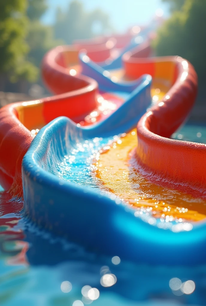 red ,blue,yellow and white water slide. Repeated. Bokeh shoot. Illustration. Illusions. 3d. 4d. Winning awards 2024.