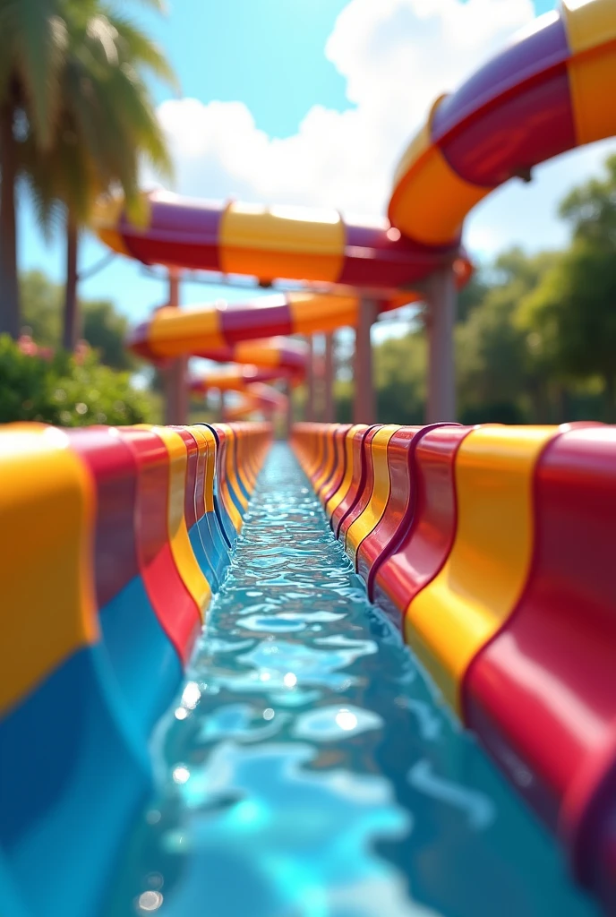  
red ,blue,yellow and white water slide. Repeated. Bokeh shoot. Illustration. Illusions. 3d. 4d. Winning awards 2024.