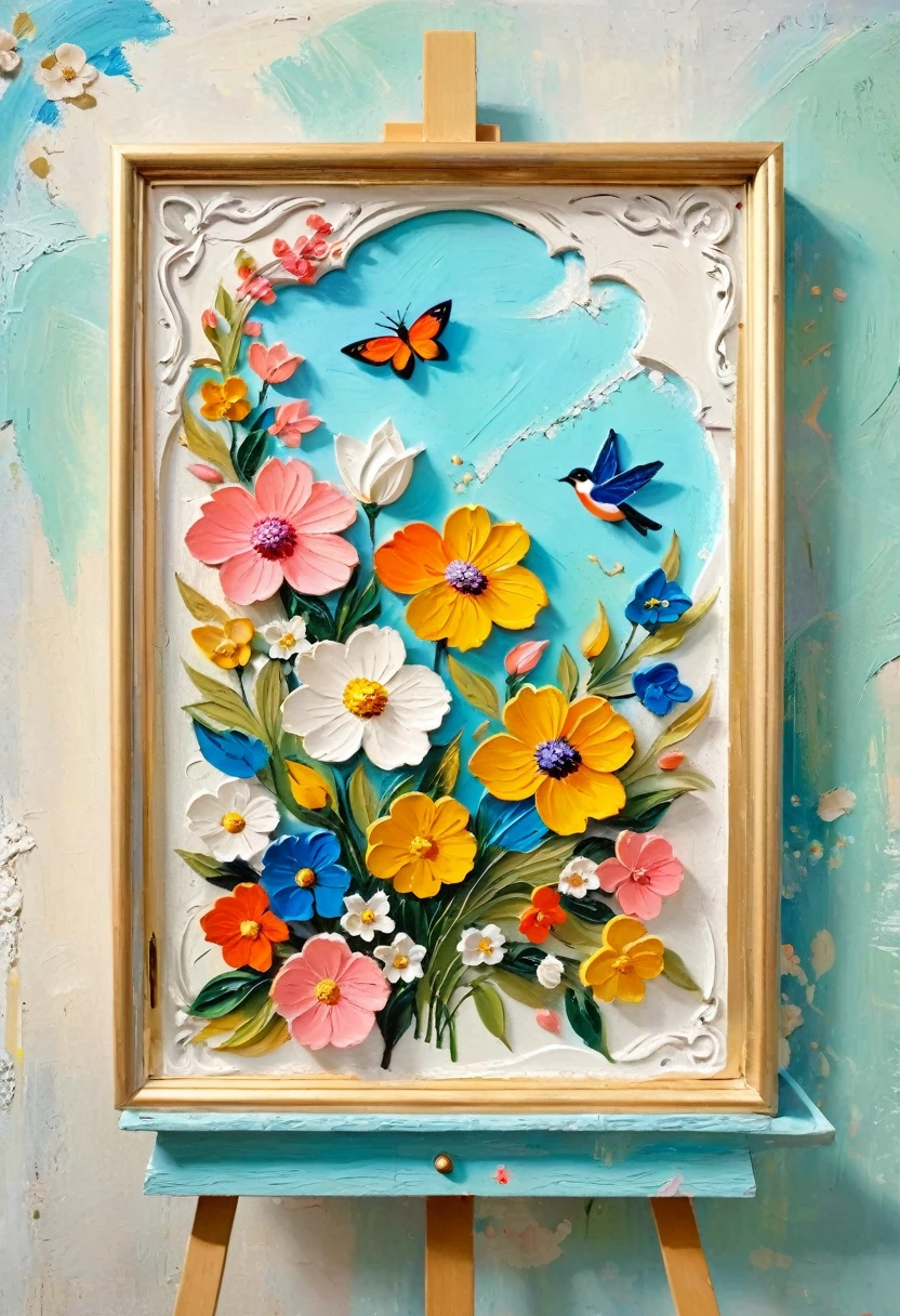 (A painting in a white plaster frame on an easel，Retro)：(((Soft tones，Chalk painting，Oil stick painting，flight，Thick coating，Uneven texture，Plaster texture，Graffiti)))。Korean style framed decorative painting，3D Decorating，French style lush flowers，Overflow Frame