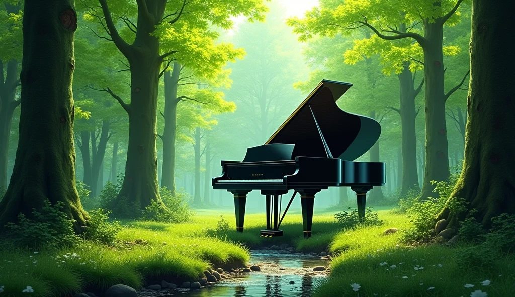 A black grand piano is placed in the middle of a lush green forest. The scene is bathed in soft sunlight filtering through the tall trees and green maple (momiji) leaves, creating a calm and peaceful atmosphere. A small stream runs beside the piano, reflecting the sunlight. The forest floor is covered with moss and leaves, and the piano stands out against the vibrant natural surroundings, adding an element of elegance to the serene landscape. The image should be detailed and realistic, capturing the tranquility of the forest and the beauty of the piano.

