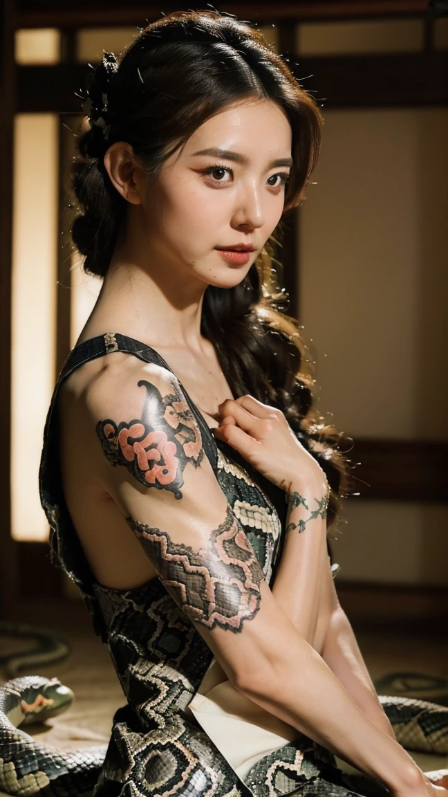 (masterpiece), best quality, expressive eyes, perfect face, Matured, Sharp eyes, HD, Benisato, kunoichi, snakes tattooed, chin, She is a tall and matured woman with a slender curvaceous build with long legs and arms, body view, Benisato has the appearance of a beautiful and seductive geisha, She has porcelain skin and long dark hair tied back in a coif with a hairpin and traditional comb, Benisato is covered in serpent tattoos, she usually appear naked She wears maid clothes, full body, pants, long sleeves, Vest, sandals, maid, Hongli, anger, angry face