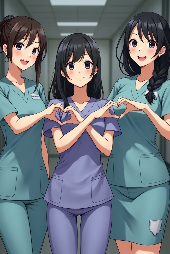 photograph, cowboy shot, three women with hands together making heart shape, smiling beautiful Japanese female nurses wearing nurse uniform, hourglass figure, beautiful detailed face, black hair, pale skin, fair skin, realistic skin, detailed cloth texture, detailed hair texture, Perfect proportion, Anatomically correct, Highly detailed face and skin texture, private modern hospital room, looking at viewer, asian face , perfect anatomy, realistic