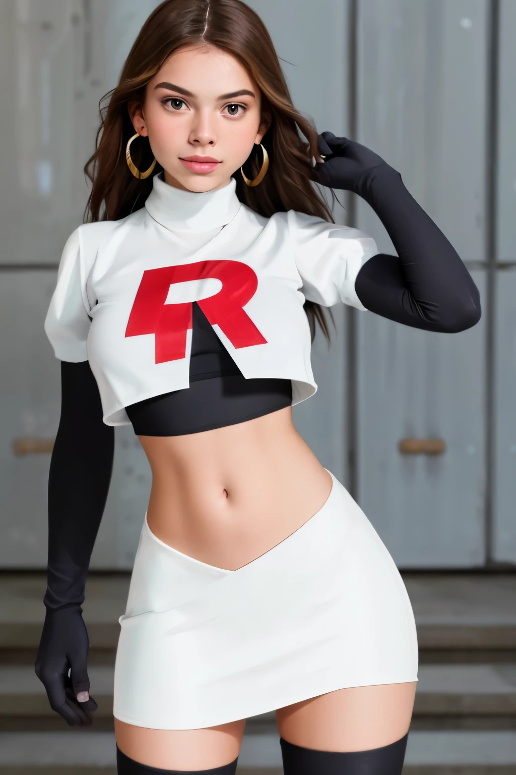 The face of Olivia Rodrigo, 1girl, solo, team rocket,team rocket uniform,white skirt,red letter R,crop top,black thigh-highs,black elbow gloves, earrings, large breasts, 